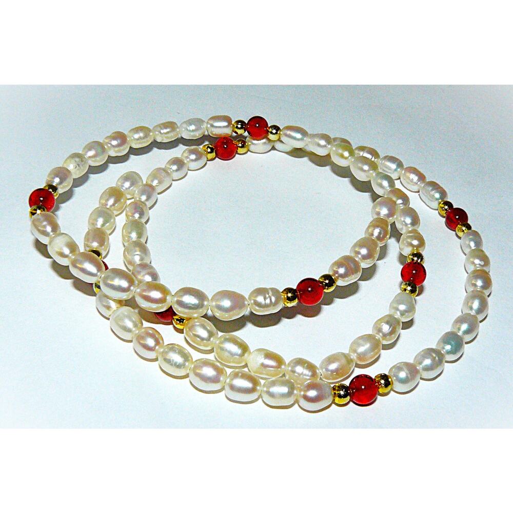 2 Freshwater Pearl Coil Wrap Bracelets Gold-Tone Red & Tiger Eye Beads - Picture 6 of 11